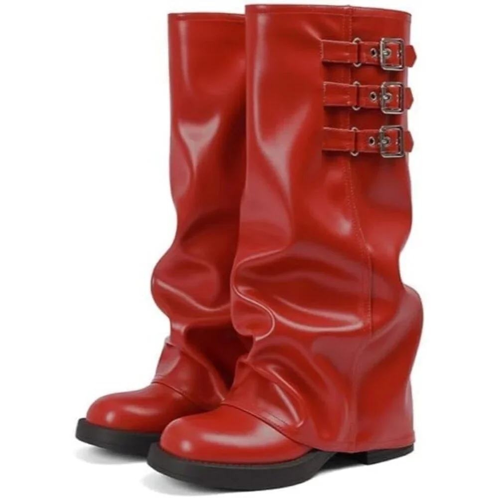 Women's Red Fall Slouchy Fold Over Tall Boots Motorcycle Zipper Fashion Buckle